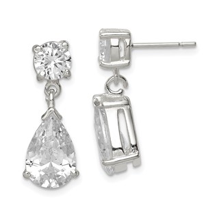Sterling Silver Polished CZ Pear Shaped Post Dangle Earrings