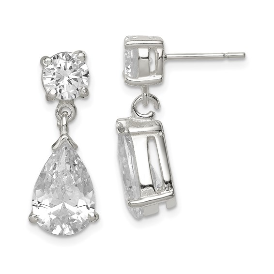Sterling Silver Polished CZ Pear Shaped Post Dangle Earrings