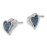 Sterling Silver Rhodium Plated Blue & White Diamond Hearts Earrings view 2