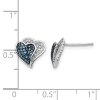 Sterling Silver Rhodium Plated Blue & White Diamond Hearts Earrings view 4