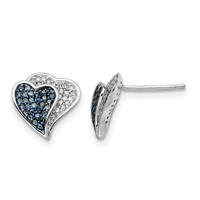 Sterling Silver Rhodium Plated Blue & White Diamond Hearts Earrings view 1