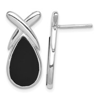 Sterling Silver Rhod-plated Polished Onyx Teardrop X Post Drop Earrings view 1