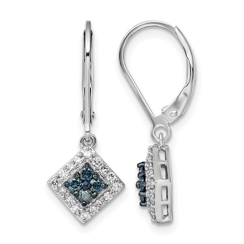 White Night Sterling Silver Rhodium-plated White and Blue Diamond Dangle Leverback Earrings