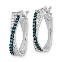 White Night Sterling Silver Rhodium-plated White and Blue Diamond Hinged Hoop Earrings view 2