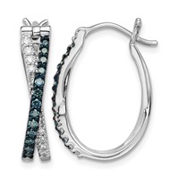 White Night Sterling Silver Rhodium-plated White and Blue Diamond Hinged Hoop Earrings view 1