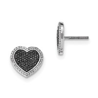 Sterling Silver Black and White Diamond Heart Post Earrings view 1