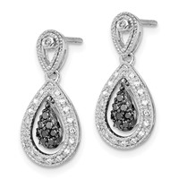 White Night Sterling Silver Rhodium-plated Black and White Diamond Double Teardrop Dangle Post Earrings view 2