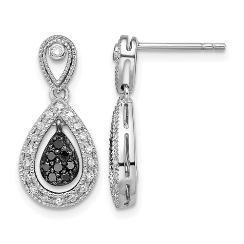 White Night Sterling Silver Rhodium-plated Black and White Diamond Double Teardrop Dangle Post Earrings