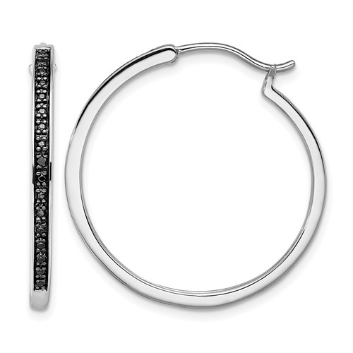 White Night Sterling Silver Rhodium-plated Black Diamond Hoop Earrings