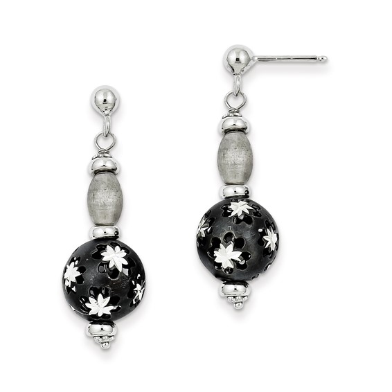 Sterling Silver Black Rhodium and D/C Bead Post Dangle Earrings