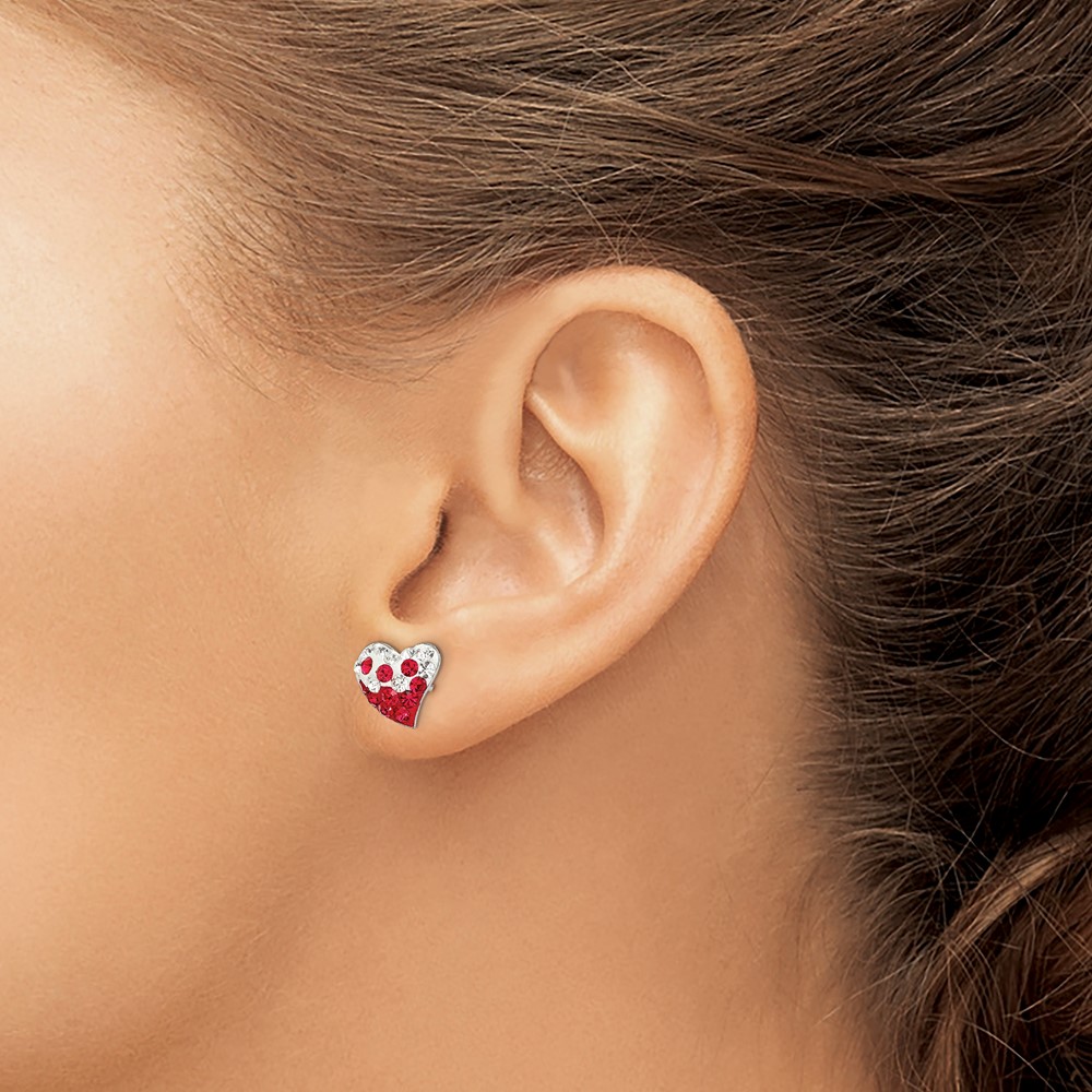 Sterling Silver Rhod-plated Red and White Preciosa Crystal Heart Earrings (QE11057)