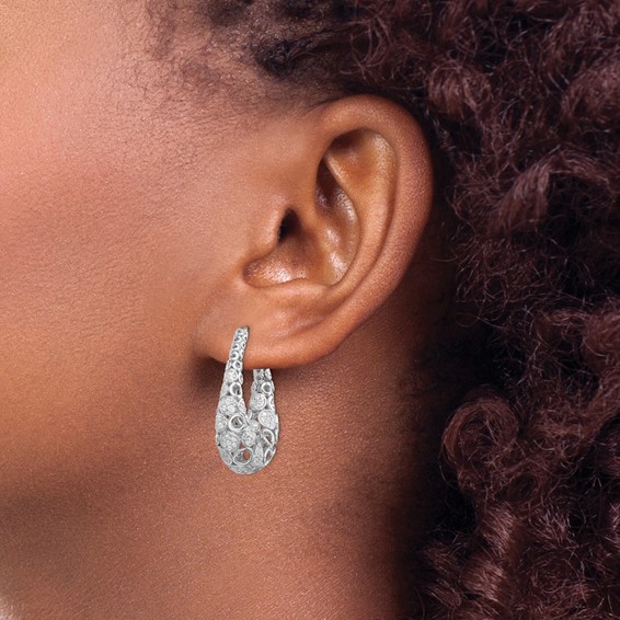 Sterling Shimmer Sterling Silver Rhodium-plated 162 Stone Accent Pavé 1.1mm-1.5mm CZ Oval Hinged Hoop Earrings