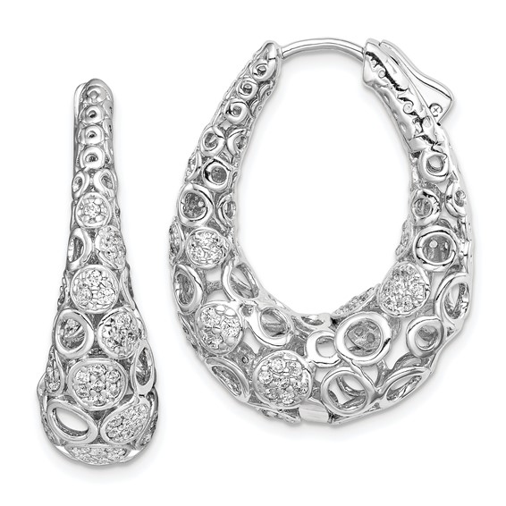 Sterling Shimmer Sterling Silver Rhodium-plated 162 Stone Accent Pavé 1.1mm-1.5mm CZ Oval Hinged Hoop Earrings