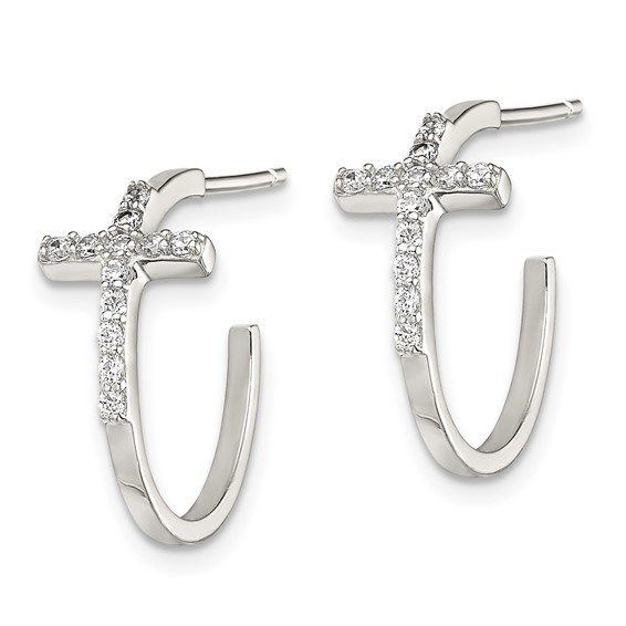 Sterling Silver Rhodium-plated CZ Cross Hoop Earrings