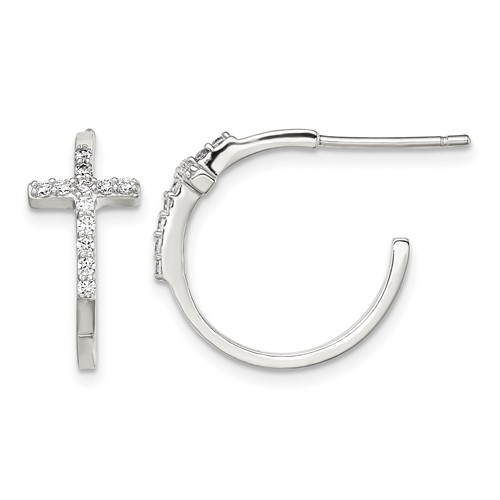 Sterling Silver Rhodium-plated CZ Cross Hoop Earrings