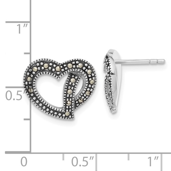 Sterling Silver Antiqued Marcasite Heart Post Earrings