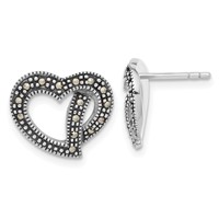 Sterling Silver Antiqued Marcasite Heart Post Earrings view 1