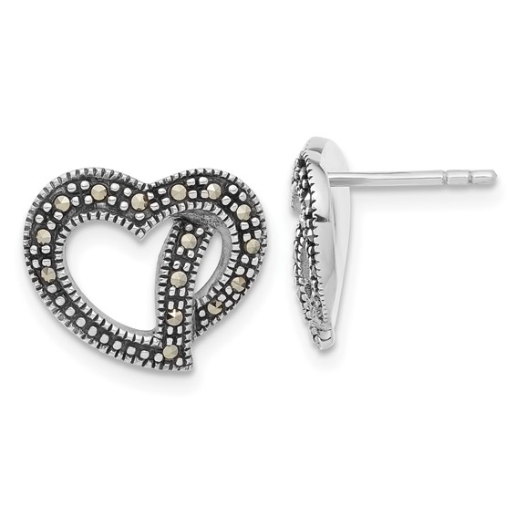 Sterling Silver Antiqued Marcasite Heart Post Earrings