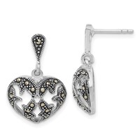 Sterling Silver Antiqued Marcasite Heart Dangle Post Earrings view 1