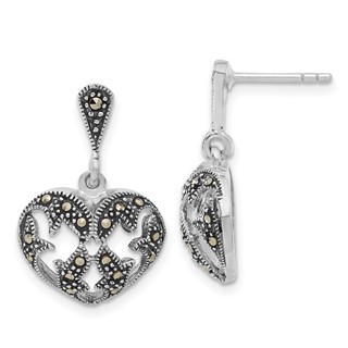 Sterling Silver Antiqued Marcasite Heart Dangle Post Earrings