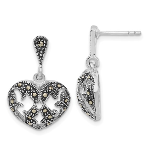 Sterling Silver Antiqued Marcasite Heart Dangle Post Earrings