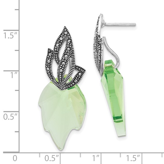 Sterling Silver Polished & Antiqued Marcasite & Crystal Leaf Post Dangle Earrings