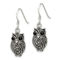Sterling Silver Antiqued Marcasite Blk Agate Owl Shepherd Hook Earrings view 2
