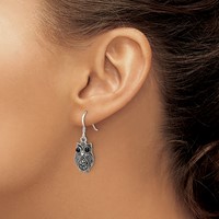 Sterling Silver Antiqued Marcasite Blk Agate Owl Shepherd Hook Earrings view 3