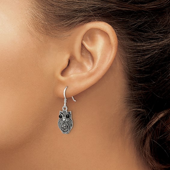 Sterling Silver Antiqued Marcasite/Blk Agate Owl Shepherd Hook Earrings