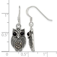 Sterling Silver Antiqued Marcasite Blk Agate Owl Shepherd Hook Earrings view 4