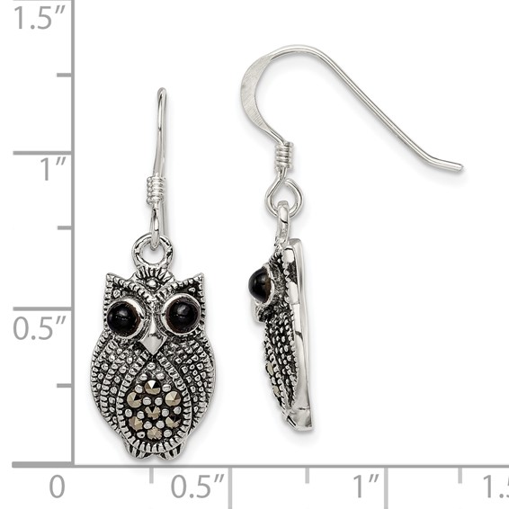 Sterling Silver Antiqued Marcasite/Blk Agate Owl Shepherd Hook Earrings
