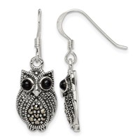 Sterling Silver Antiqued Marcasite Blk Agate Owl Shepherd Hook Earrings view 1