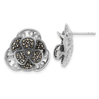 Sterling Silver Polished & Antiqued Marcasite Flower Post Earrings view 1