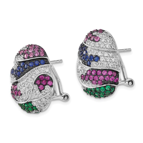 Sterling Silver w/ Black Rhodium Blue & Green Glass, Synthetic Ruby & CZ Omega Back Earrings