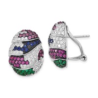 Sterling Silver Earrings with Black Rhodium Blue & Green Glass, Synthetic Ruby & CZ Omega Back view 1