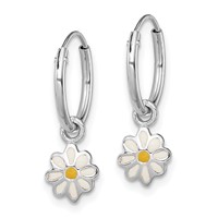 Sterling Silver Rhodium-plated Polished Yellow & White Enameled Daisy Dangle Flower Round Hoop Earrings view 2