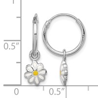 Sterling Silver Rhodium-plated Polished Yellow & White Enameled Daisy Dangle Flower Round Hoop Earrings view 4