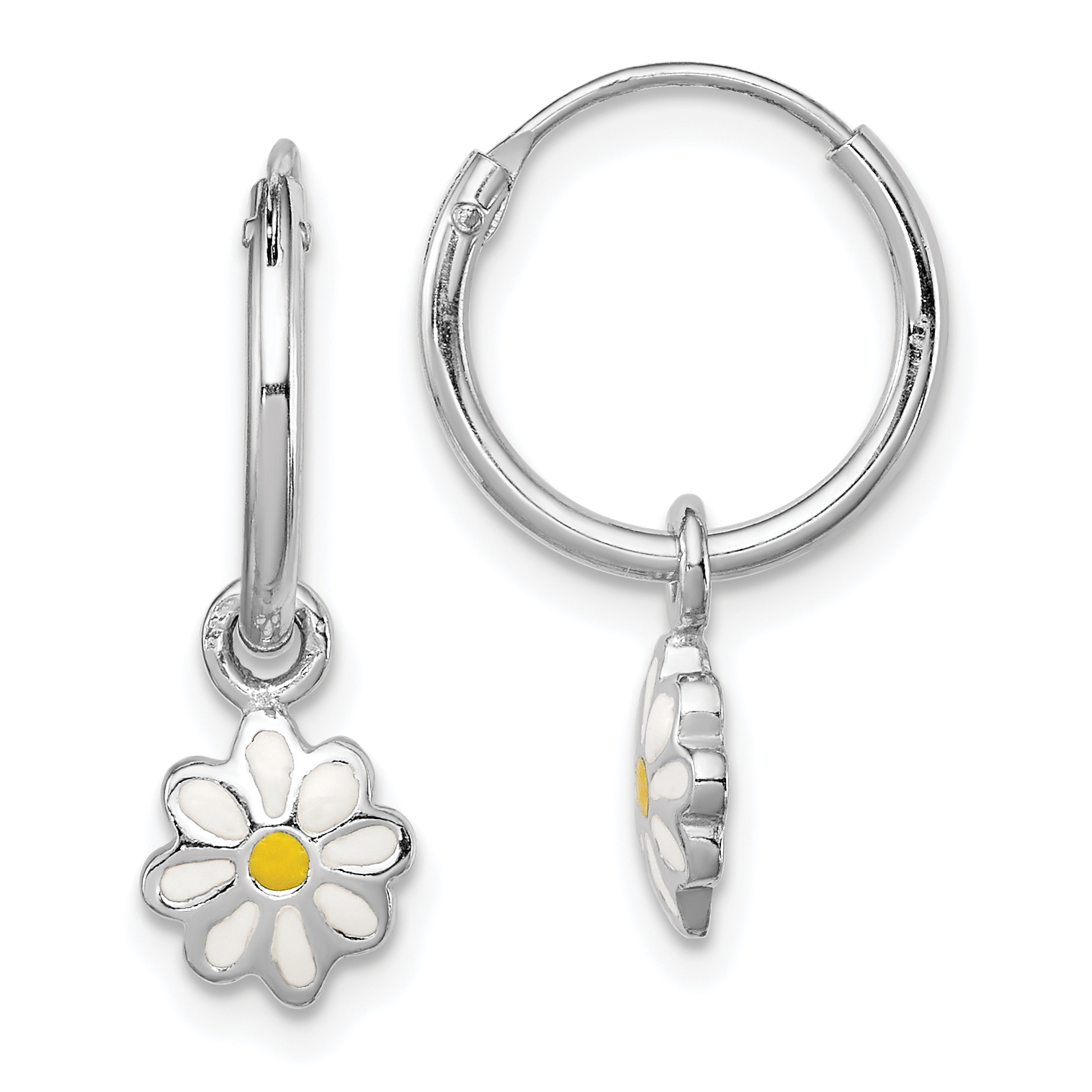Sterling Silver Rhodium-plated Polished Yellow & White Enamel Daisy Dangle Children's Round Hoop Earrings (QE11236)