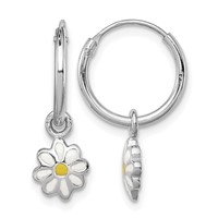 Sterling Silver Rhodium-plated Polished Yellow & White Enameled Daisy Dangle Flower Round Hoop Earrings view 1