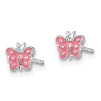 Sterling Silver Rhodium-plated Polished Pink Enameled Petite Butterfly Post Earrings view 2