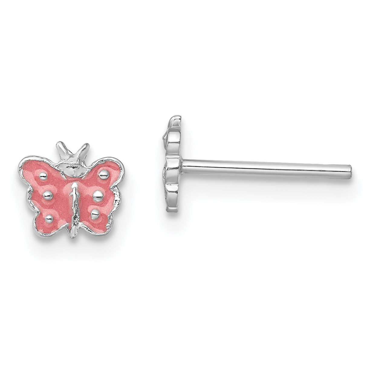 Sterling Silver Rhodium-plated Polished Pink Enameled Butterfly Children's Post Earrings (QE11241)