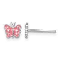 Sterling Silver Rhodium-plated Polished Pink Enameled Petite Butterfly Post Earrings view 1