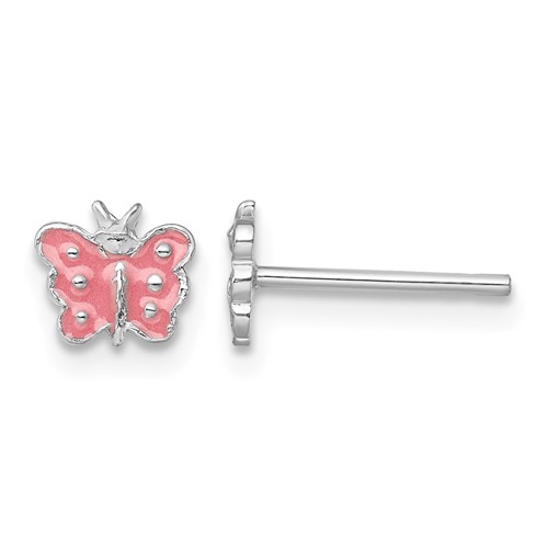 Sterling Silver Rhodium-plated Polished Pink Enameled Petite Butterfly Post Earrings