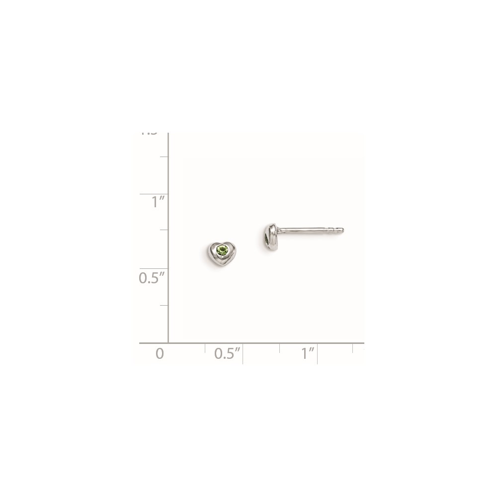Sterling Silver Madi K Rhodium-plated Polished August Light Green Preciosa Crystal Heart Children's Post Earrings (QGK188AUG)