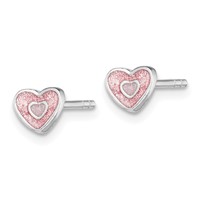 Sterling Silver Rhodium-plated Polished Pink Glitter Enamel Heart Petite Post Earrings view 2