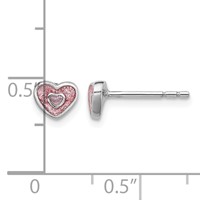 Sterling Silver Rhodium-plated Polished Pink Glitter Enamel Heart Petite Post Earrings view 4