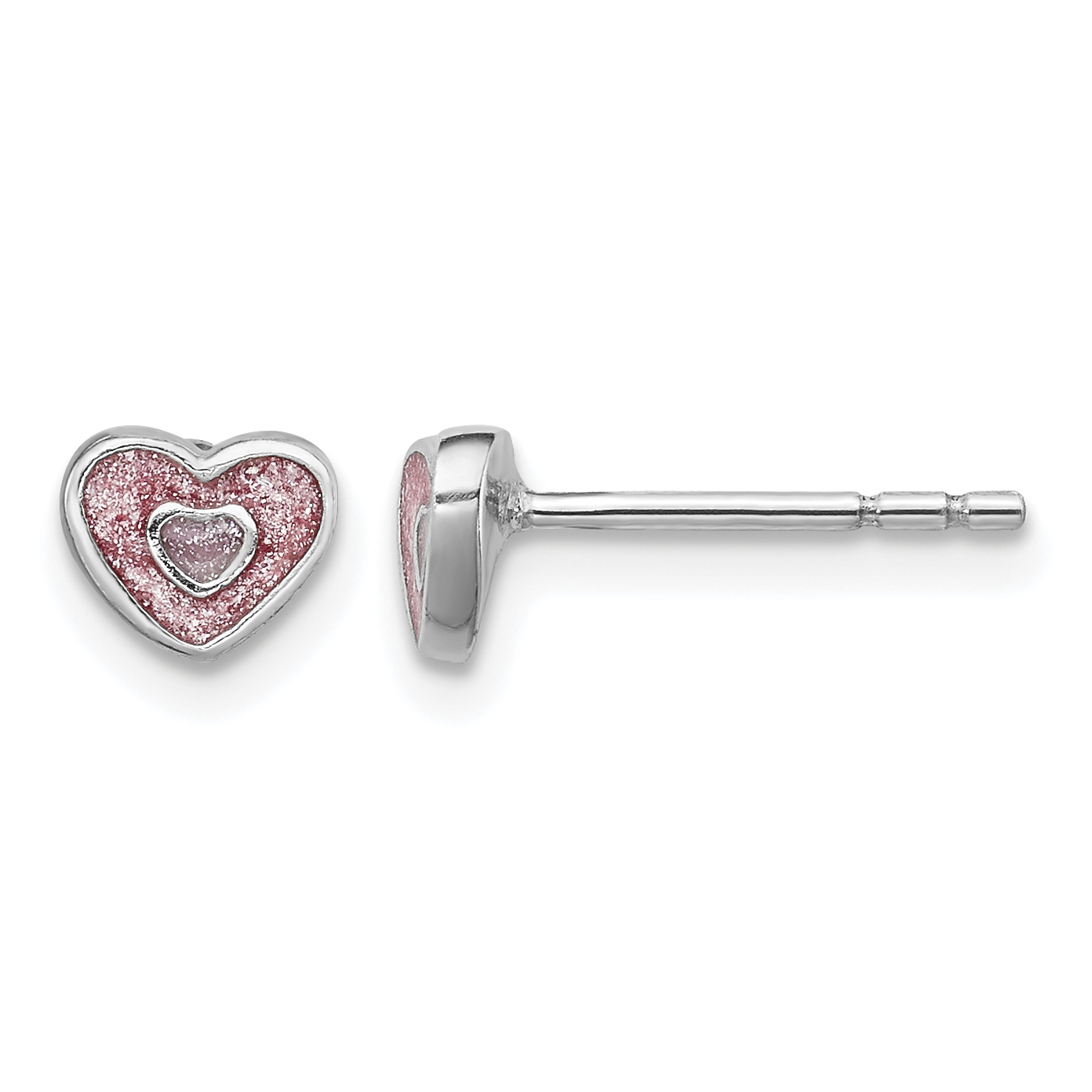 Sterling Silver Rhodium-plated Polished Pink Glitter Enamel Heart Children's Post Earrings (QE11250)