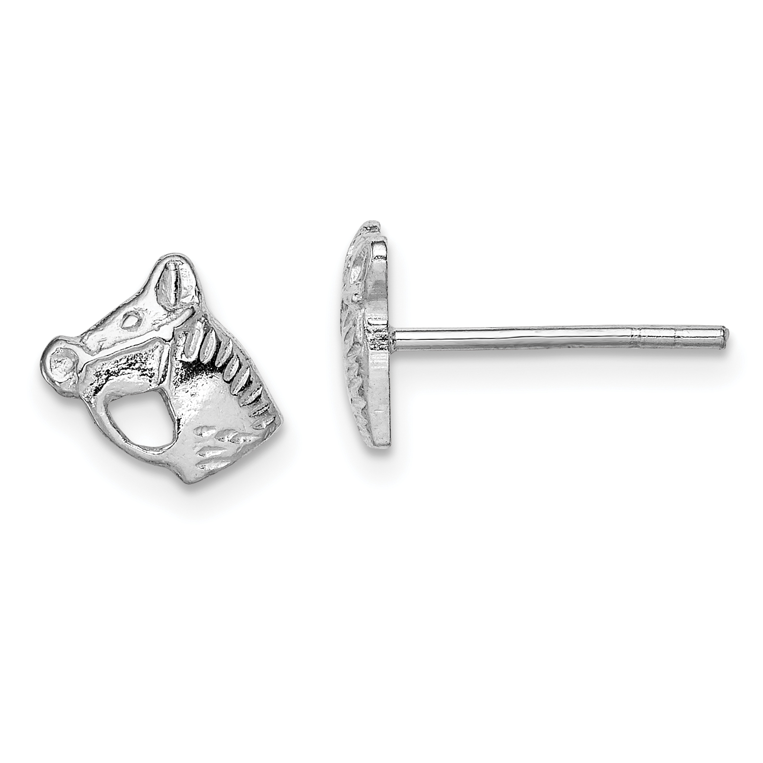 Sterling Silver Rhodium-plated Polished & Textured Horse Head Children's Post Earrings (QE11253)