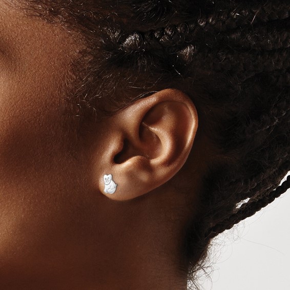 Sterling Silver Rhodium-plated Polished Cat Children's Post Earrings