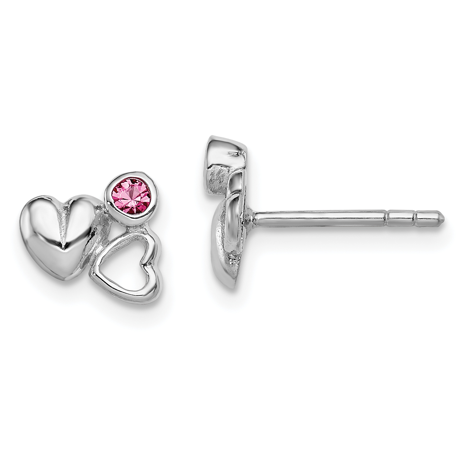 Sterling Silver Rhodium-plated Polished Pink Preciosa Crystal Double Heart Children's Post Earrings (QE11259)